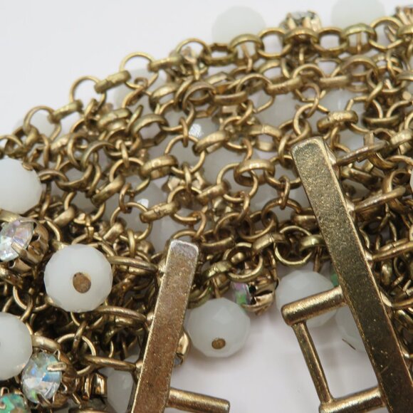 Vintage Chunky Gold Tone Chain Bracelet White Beads Clear Rhinestones - Picture 6 of 10